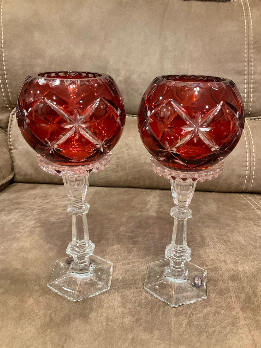 Vintage OFNAH Crystal Red Votives with Stems